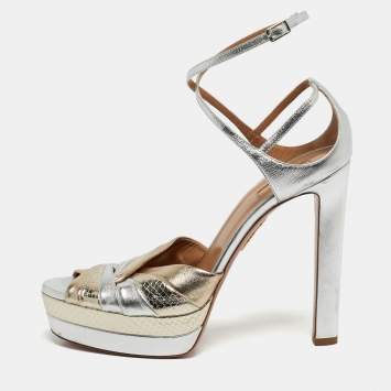 مملوكة مسبقًا Aquazzura La Di Da Size 41 Silver Leather and Snakeskin Embossed Platform Sandals