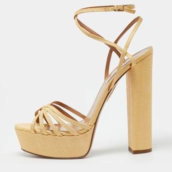 مملوكة مسبقًا Aquazzura Size 42 Yellow Straw Platform Ankle Strap Sandals