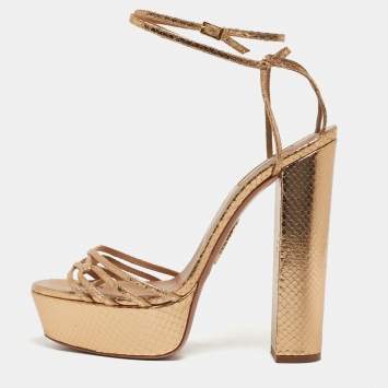 مملوكة مسبقًا Aquazzura Austin Plateau Size 41 Gold Python Embossed Leather Platform Sandals