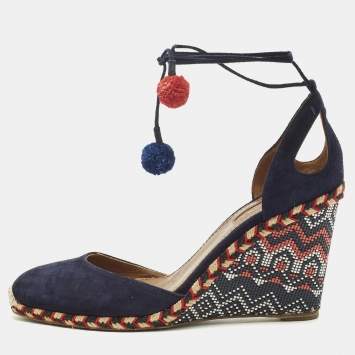 Pre Owned Aquazzura Size 39 Navy Blue Suede Wedge Pumps