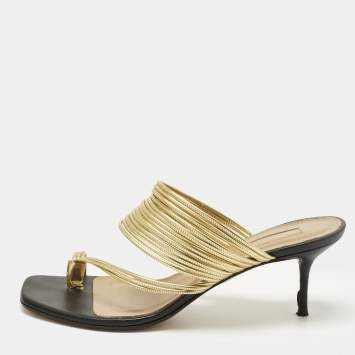 مملوكة مسبقًا Aquazzura Rendez Vous Size 39 Black/Gold Leather Slide Sandals