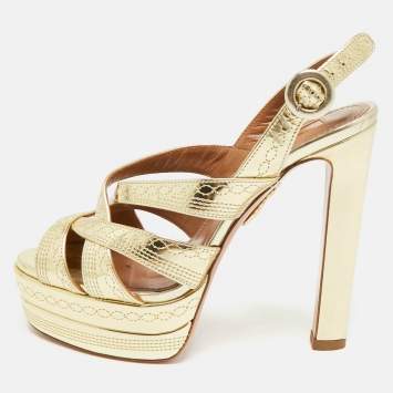 مملوكة مسبقًا Aquazzura Size 35.5 Gold Leather Platform Slingback Sandals