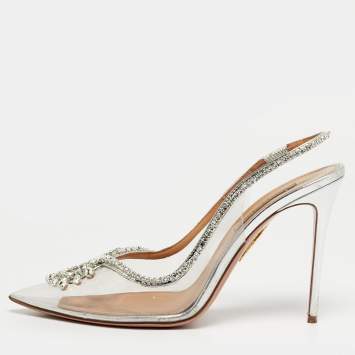 Pre Owned Aquazzura Seduction Size 41 Transparent PVC and Leather Crystal Embellished Slingback Pumps