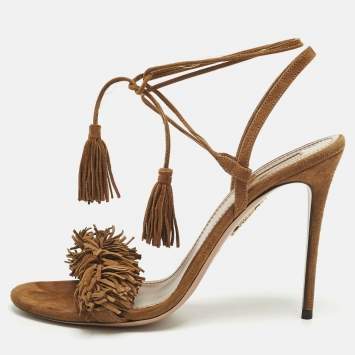 مملوكة مسبقًا صندل أكوازورا بنى سويدي بشراشيب حزام للكاحل مقاس 39