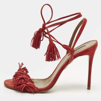 Pre Owned Aquazzura Wild Thing Size 39 Red Suede Fringe  Ankle Wrap Sandals