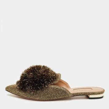 Pre Owned Aquazzura Size 36 Gold Lurex Fabric Puff Pom Pom  Mules