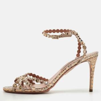 Pre Owned Aquazzura Tequila Crystal Embellished Size 38.5 Beige Suede Ankle Strap Sandals
