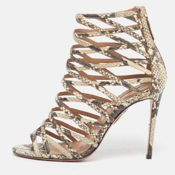 Pre Owned Aquazzura knockout Size 38.5 Beige Snakeskin Embossed Leather Gladiator Sandals