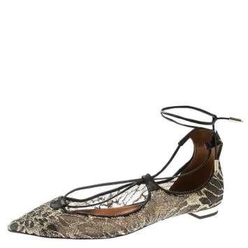Pre Owned Aquazzura Gold/Brown Lace Christy Lace Up Pointed Toe Flats Size 37