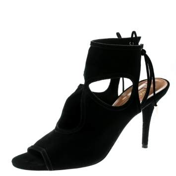 Pre Owned Aquazzura Black Cutout Suede Sexy Thing Peep Toe Sandals Size 37.5