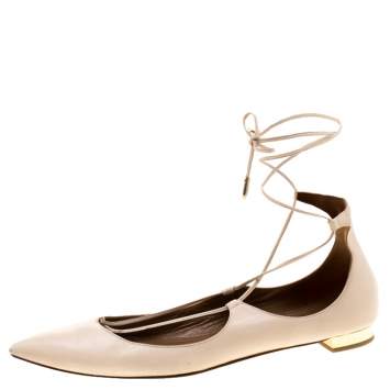 Pre Owned Aquazzura Beige Leather Christie Ankle Wrap Pointed Toe Flats Size 37