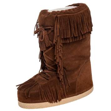 Pre Owned Aquazzura Brown Suede Fringe Detail Lace Up Boho Karlie Boots Size 40