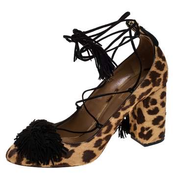 Pre Owned Aquazzura Brown Leopard Print Pony Hair Fringe Detail Ankle Wrap Block Heel Pumps Size 39