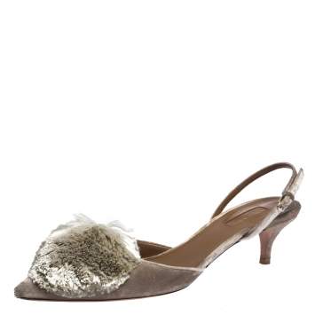 Pre Owned Aquazzura Grey Velvet Powder Puff Pointed Toe Slingback Sandals Size 39