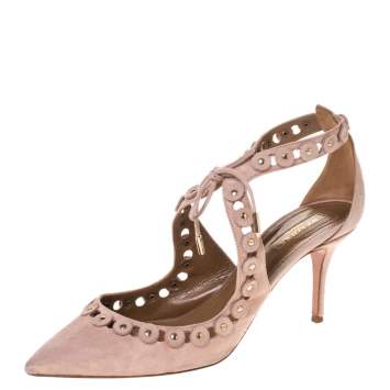 Pre Owned Aquazzura Beige Suede Leather Studded Lace Up Pointed Toe Pumps Size 40