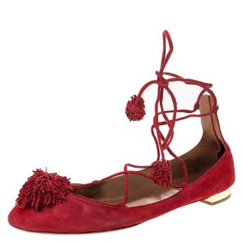 Pre Owned Aquaazzura Red Suede Leather Fringe Tassel Ankle Wrap Ballet Flats Size 40.5