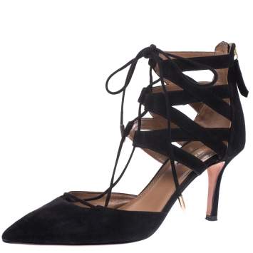 Pre Owned Aquazzura Black Suede Belgravia Lace Up Pointed Toe Pumps Size 37.5