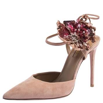 Pre Owned Aquazzura Beige Suede Disco Flower Embellished Ankle Tie Sandals Size 38.5