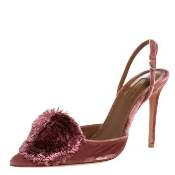 Pre Owned Aquazzura Pink Velvet Powder Puff  Pointed Toe Slingback Sandals Size 39.5