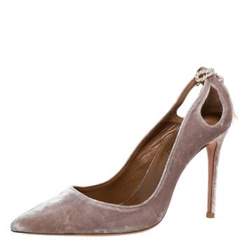 Pre Owned Aquazzura Grey Velvet Forever Marilyn 85 Cut Out Tassel Detail Pointed Toe Pumps Size 38