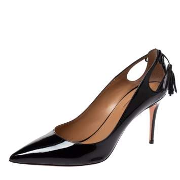 Pre Owned Aquazzura Black Patent Leather Forever Marilyn Cut Out Tassel Detail Pointed Toe Pumps Size 41