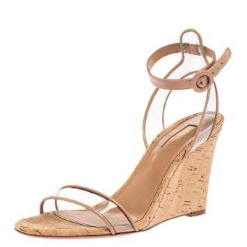 Pre Owned Aquazzura Beige PVC and Leather Trim Minimalist Cork Wedge Ankle Strap Sandals Size 38.5