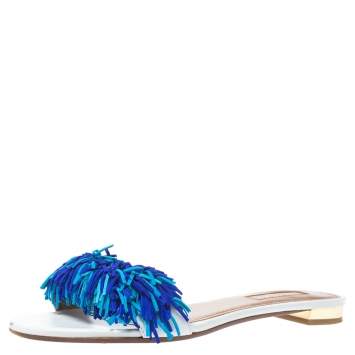 Pre Owned Aquazzura White/Blue Suede Wild Thing Fringed Flats Slides Size 36