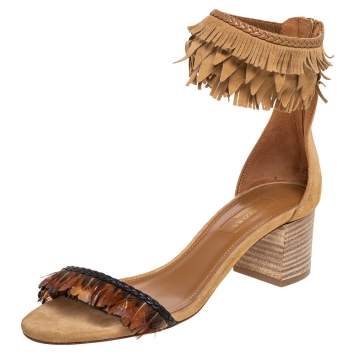 Pre Owned Aquazzura Beige Suede Fringe And Feather Open Toe Ankle strap Sandals Size 36