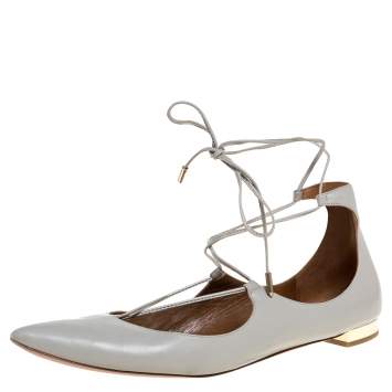 Pre Owned Aquazzura Grey Leather Christie Ankle Wrap Pointed Toe Flats Size 41