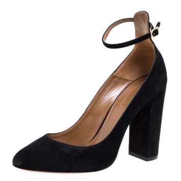 Pre Owned Aquazzura Black Suede Alix Ankle Strap Block Heel Pumps Size 38