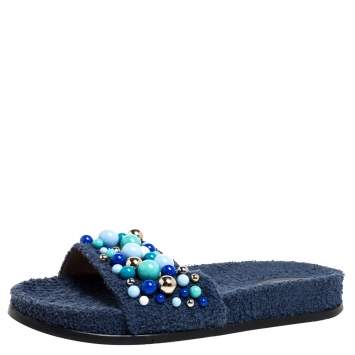 Pre Owned Aquazzura Blue Cotton Fabric Bon Bon Embellished Flat Slides Size 38