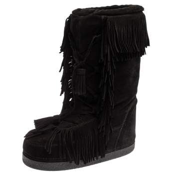 Pre Owned Aquazzura Black Suede Fringe Detail Lace Up Boho Karlie Boots Size 37