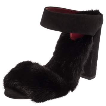 Pre Owned Aquazzura Black Suede And Mink Fur Purr Purr Ankle Strap Sandals Size 38.5