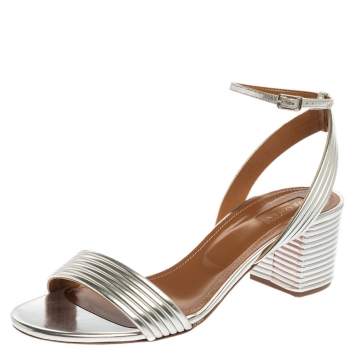 Pre Owned Aquazzura Silver Mirror Leather Sundance Block Heel Sandals Size 41