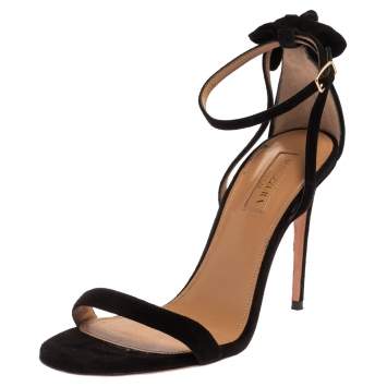 Pre Owned Aquazzura Black Suede Leather Bow Ankle Cuff Sandals Size 36