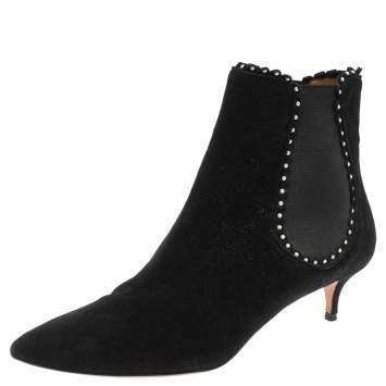 Pre Owned Aquazzura Black Suede Pearl Layered Ankle Boots Size 38.5
