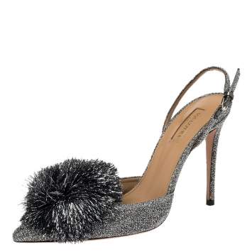 Pre Owned Aquazzura Silver Shimmery Fabric Powder Puff Pointed Toe Slingback Sandals Size 40.5