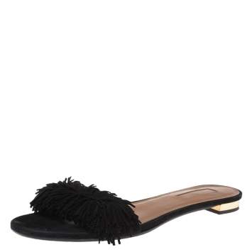 Pre Owned Aquazzura Black Suede Wild Thing Fringe Trimmed Flat Slides Size 37.5