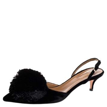 Pre Owned Aquazzura Black Velvet Powder Puff Pompom Kitten Pumps Size 38.5