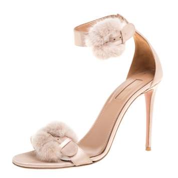 Pre Owned Aquazzura Beige Satin Sinatra Mink Trim Ankle Strap Sandals Size 40