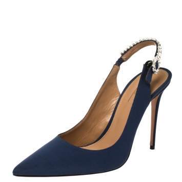 Pre Owned Aquazzura Blue Canvas Portrait Of Lady Slingback Pointed Toe Pumps Size 40.5
