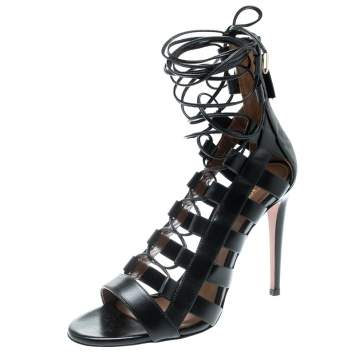 Pre Owned Aquazzura Black Leather Amazon Lace Up Open Toe Sandals Size 37
