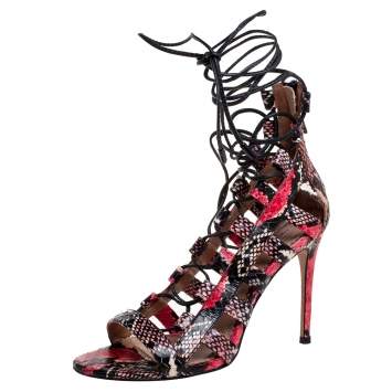 Pre Owned Aquazzura Multicolor Python Leather Amazon Lace Up Open Toe Sandals Size 38