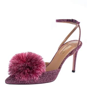 Pre Owned Aquazzura Pink Lurex Powder Puff Slingback Sandals Size 38.5