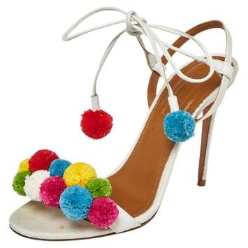 Pre Owned Aquazzura White Canvas and Leather Disco Thing Ankle Wrap Sandals Size 36