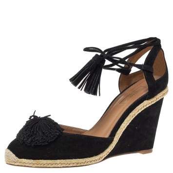 Pre Owned Aquazzura Black Suede Sunshine Pom-pom Wedge Sandal 39 Size