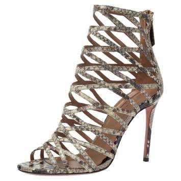 Pre Owned   Aquazzura Cream/lBlack Python Leather Knockout Cage Sandals Size 37.5