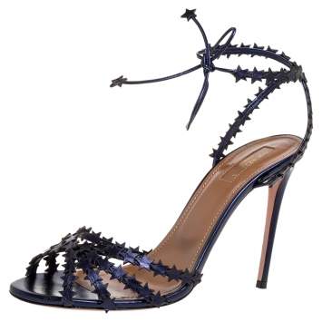 Pre Owned Aquazzura Metallic Blue Leather Starlight Open Toe Ankle Wrap Sandals Size 39