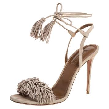 Pre Owned Aquazzura Beige Suede Leather Wild Thing Fringe Ankle Wrap Sandals Size 38.5