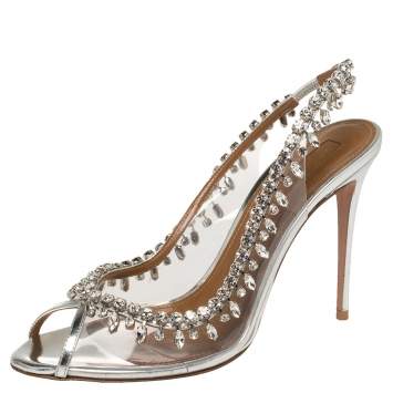 Pre Owned Aquazzura Silver PVC And Leather Temptation Crystal Sandals Size 40